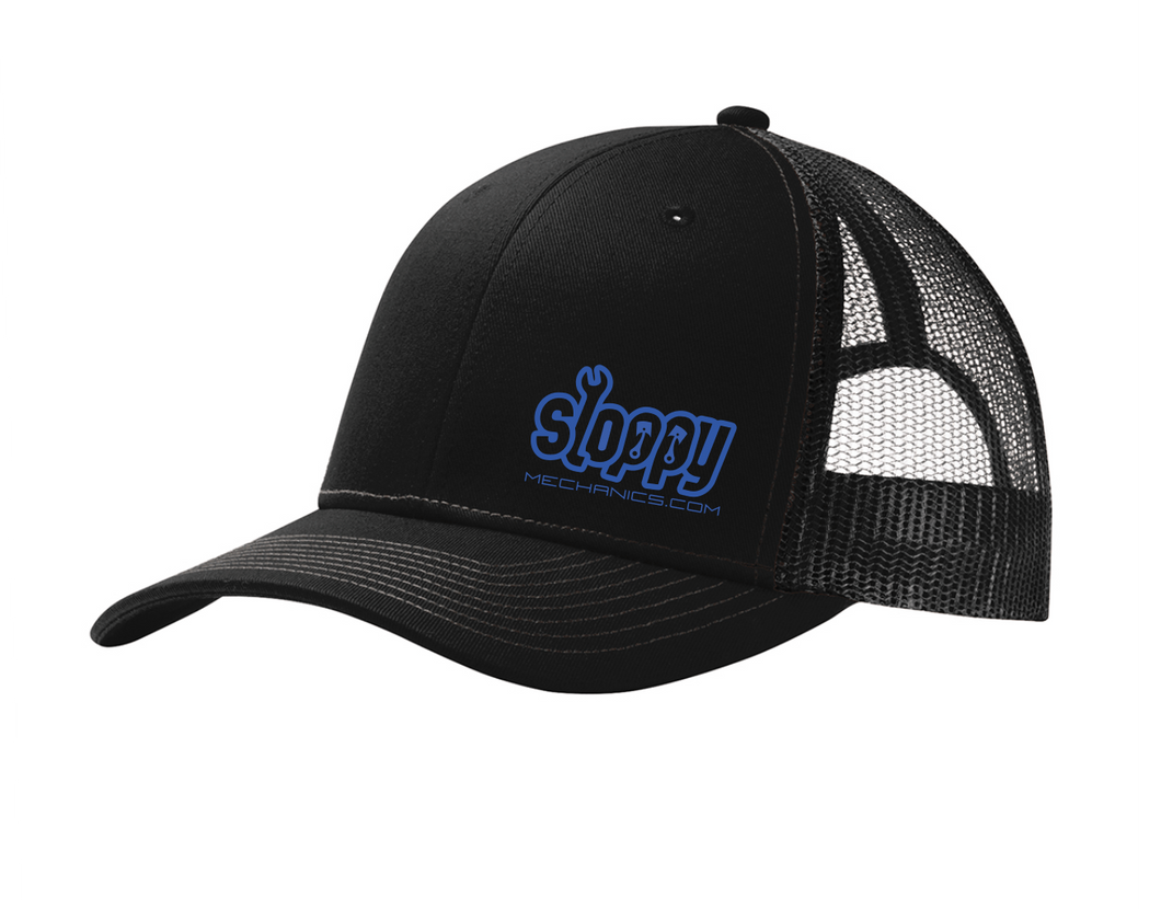 Black Sloppy Snapback logo hat w/ blue logo
